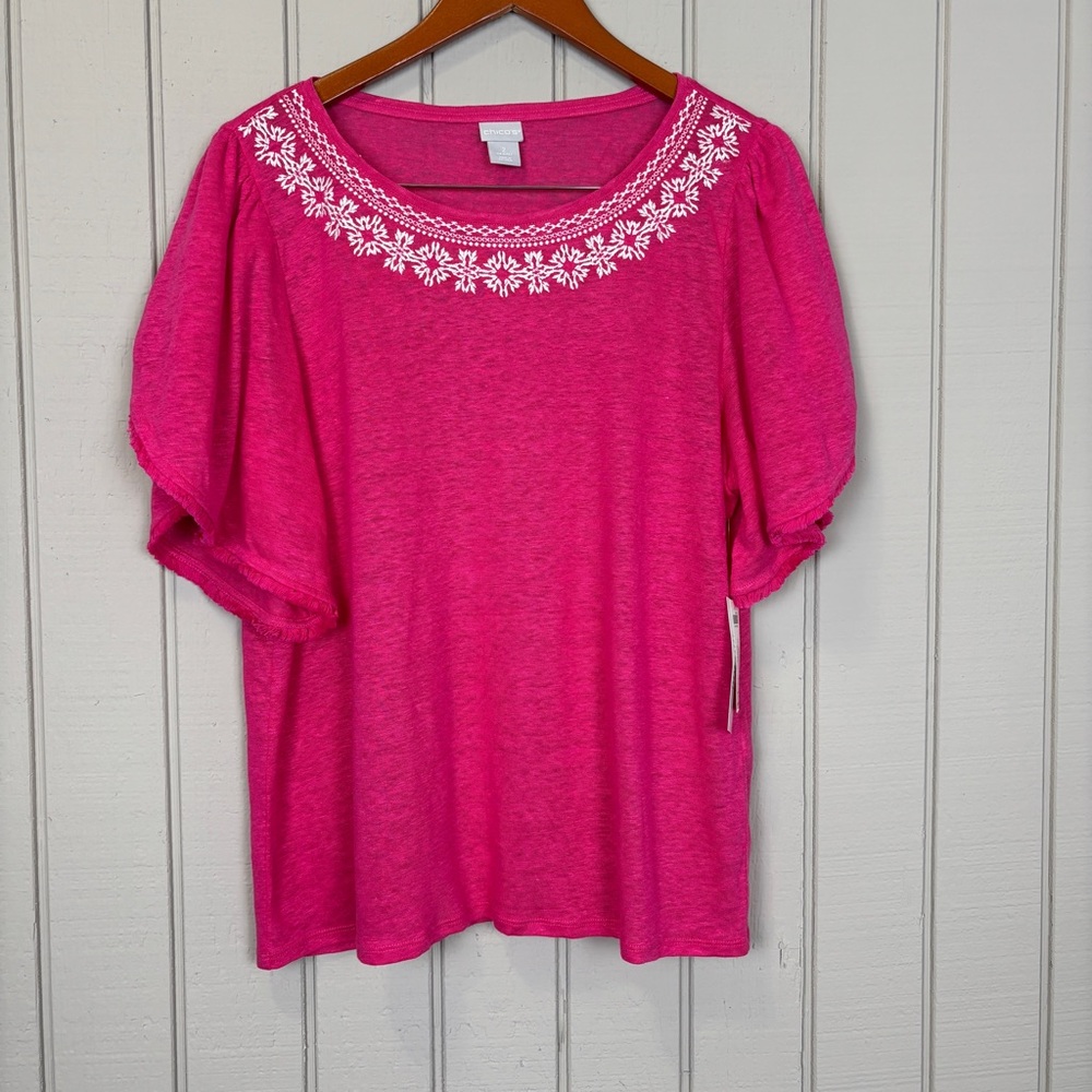 NWT Chicos Pink Embroidered Women's Overlapping-Sleeves Blouse Size 2